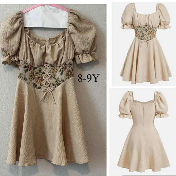 Girlism Teen Girls Floral Print Lace Up Front Puff Sleeve Dress - Picture 1 of 4